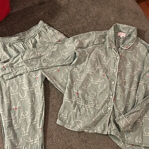 Sage Christmas Button Pajamas with Reindeer Print
